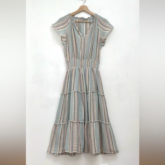Rails Amelia Sag Harbour Rainbow Stripe Linen Tiered Coastal Flowy Midi Dress XS - Picture 2 of 14